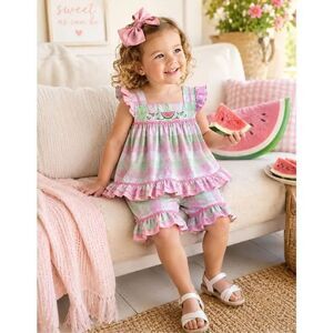 Petit Ami Girls Watermelon Smocked Outfit Pink Green Gingham Ruffle Shorts Set S